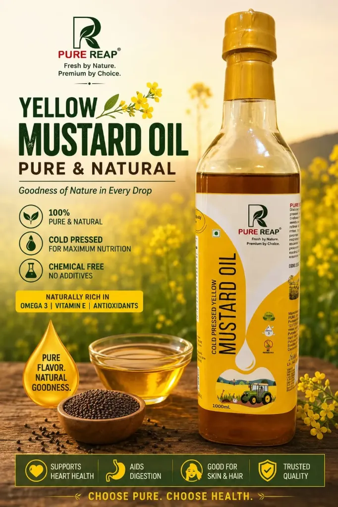 PURE REAP Organic Farms Yellow Mustard Oil / Sarso Ka Tel (1L), | Made using farm grown Mustard seeds | Cold-Pressed and Single-Filtered Oil for healthier Cooking | कच्ची घानी, Natural and Unrefined